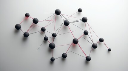 Poster - An abstract arrangement of black spheres connected by red and gray lines, suggesting a network or molecular structure on a smooth surface.