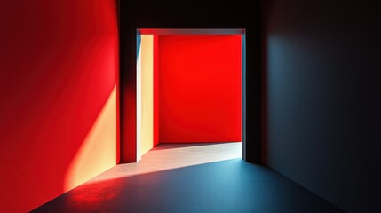 Poster - A vibrant interior space featuring contrasting colors, with a doorway illuminated by striking red and blue light, creating a dynamic visual effect.