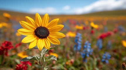 Aufkleber - Vibrant yellow sunflower in a field of wildflowers under a bright blue sky.