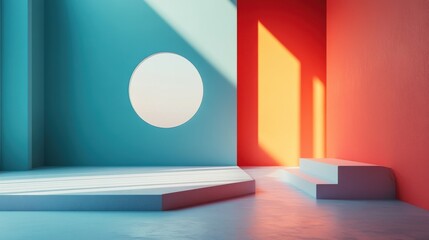 Poster - A vibrant, modern interior featuring blue and red walls, geometric shapes, and soft light casting shadows, creating a dynamic visual space.