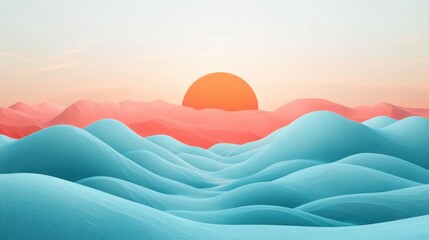 Poster - a serene landscape featuring soft, pastel-colored waves and a large sun setting on the horizon, crea