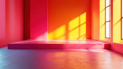 Poster - A vibrant room with bold pink and orange walls, filled with natural light, creating a lively and inviting atmosphere.