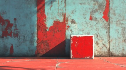 Poster - A vibrant, textured wall with red and blue hues, featuring a small red square on a similarly colored floor, creating a striking visual contrast.