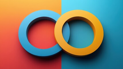 Poster - Two overlapping circular shapes in blue and yellow, set against a vibrant orange and turquoise background, creating a modern and abstract design.
