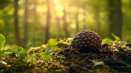 Leinwandbilder - An artistic photo of a whole truffle mushroom surrounded by its natural habitat in the forest, emphasizing its organic origins and rustic beauty.