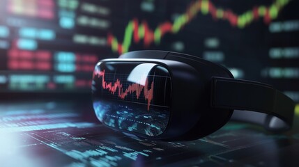 Fototapete - VR headset displaying stock market data graph on screen.