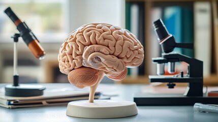 Poster - An image of a brain model with various neurological connections highlighted, placed on a desk with educational books and a microscope in the background.