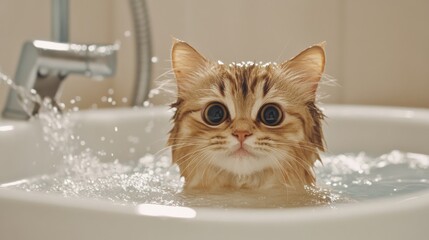 Poster - A close-up of a cat sitting in a shallow bath with gentle water splashing around, showing its curious expression and wet fur in a cozy bathroom setting.