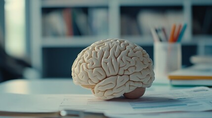Aufkleber - A close-up of a human brain model, with intricate details visible and placed next to educational materials, emphasizing its role in cognitive functions.