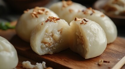 Poster - A close-up of freshly steamed  with a soft, fluffy texture and a bite taken out to reveal the delicious filling, placed on a wooden serving board.