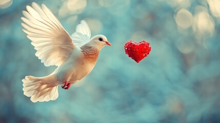 Fototapete - White dove in flight carrying a red heart.