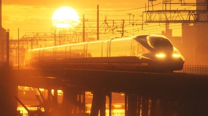 Poster - A dynamic shot of a high-speed train crossing a bridge at sunset, with the golden light reflecting off its smooth, aerodynamic design.