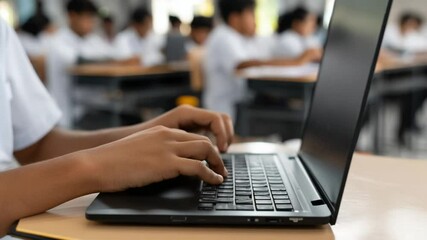 Poster - Close up of Boy's Hands Typing on Laptop in High School Classroom Generative AI