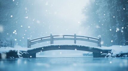 Aufkleber - Wooden bridge over a frozen lake in a snowy winter landscape.