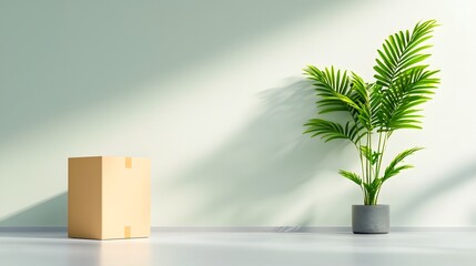 Poster - Minimalist warehouse scene featuring a single cardboard box casting a delicate shadow on a clean contemporary backdrop