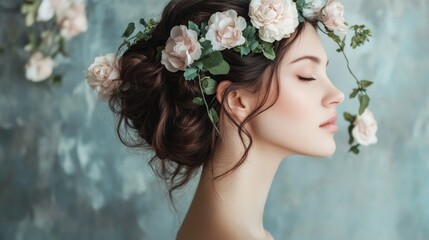 Poster - A woman stands gracefully with flowers blossoming from her hair, creating an enchanting floral crown