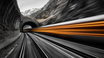 Aufkleber - A high-speed train at full speed, passing through a tunnel in a mountainous region, with blurred motion capturing the sense of speed.