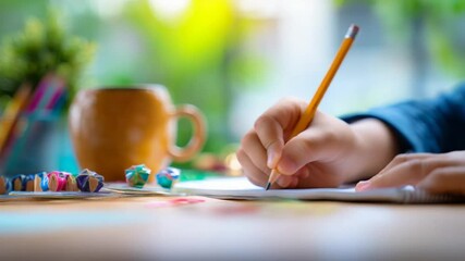 Poster - Child Enjoys Learning While Writing and Drawing at a Desk Generative AI
