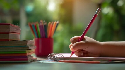 Poster - Child Enjoys Homework by Writing With Colorful Pencils Generative AI