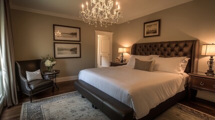 Poster - A luxurious bedroom with a plush king-size bed, silky linens, and a stylish chandelier hanging above, complemented by a chic sitting area and elegant furnishings.
