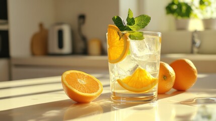Poster - A refreshing glass of freshly squeezed  with ice cubes, garnished with a slice of orange and a mint sprig, set on a bright, sunlit kitchen counter.