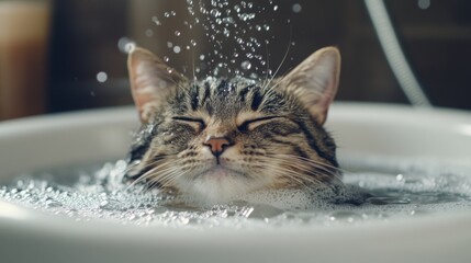 Poster - A serene image of a cat calmly sitting in a bath, with a gentle stream of water flowing over it and bubbles forming around its fur, emphasizing a peaceful bathing experience.