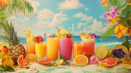 Poster - A vibrant image of a tropical drink bar with various juices, including , served in clear glasses with colorful garnishes, set against a lively, beach-themed backdrop.