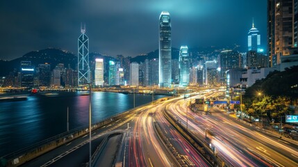 Poster - A wide-angle view of a bustling expressway at night, with illuminated streetlights and traffic flowing smoothly, showcasing the citys vibrant nightlife.
