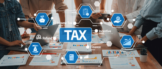 Aufkleber - Engaging tax planning session showcasing collaboration among professionals analyzing financial strategies, incentives, and compliance with the aid of technology and charts. Amity