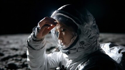 Poster - Caucasian Female Astronaut Explores the Moon Surface at Night Generative AI