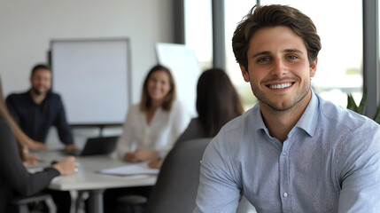 Aufkleber - A confident young man smiles in a modern office setting with colleagues engaged in a meeting, showcasing teamwork and collaboration.