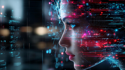 Poster - Digital transformation of humanity futuristic city graphic design virtual environment side profile technology integration