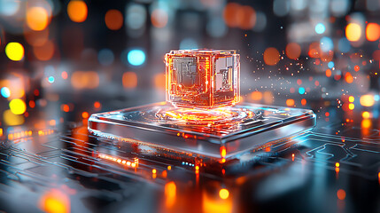 Poster - Futuristic technology showcase glowing digital cube virtual environment 3d render urban setting close-up perspective