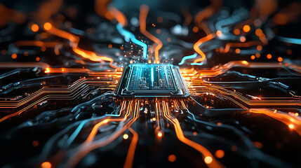 Poster - futuristic technology circuit board digital environment abstract visuals energetic lighting close-up