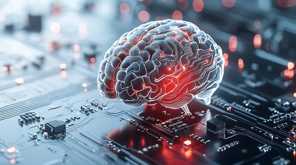 Poster - Futuristic neural technology concept digital environment 3d visualization cybernetic brain on circuit board