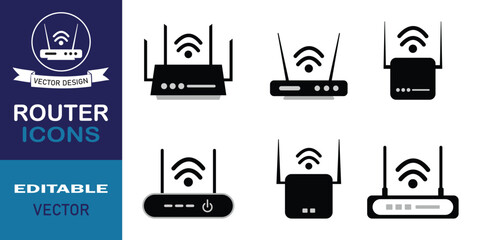 Poster - wi-fi router internet icon set. Modern wi-fi signal strength icon silhouette symbol website logo design. Stylist wireless router network vector, icon isolated on white background. Vector illustration.