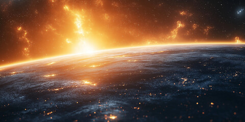 Wall Mural - spectacular space scene: illuminated planet earth with fiery nebula and starfield at sunrise