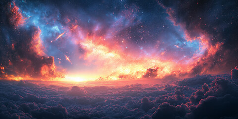 Wall Mural - breathtaking aerial view of a dramatic sunset over a sea of clouds, illuminated by a vibrant, starry