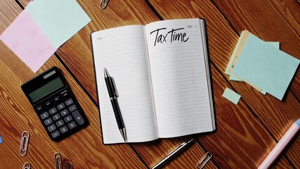 Aufkleber - Notebook with tax time written on it lies open on wooden desk next to calculator, pen, paper clips, and sticky notes, creating ideal setting for tax preparation and financial planning