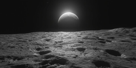 Wall Mural - dramatic black and white lunar landscape: cratered surface with half-lit moon rising in the dark spa