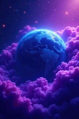 swirling purple mist envelops a distant blue planet, planet, nebula, mist