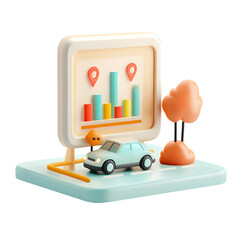 Poster - A 3D illustration of a miniature city scene, showing a car on a road and a billboard with data displayed.