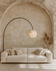 Poster - modern cream colored sofa with decorative pillows is positioned against textured beige wall, complemented by stylish arc floor lamp and decorative plants, creating cozy atmosphere