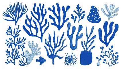 set of blue hand-drawn sea shapes in matisse style on white background