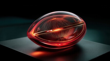 Mysterious glowing red glass art sculpture on dark surface