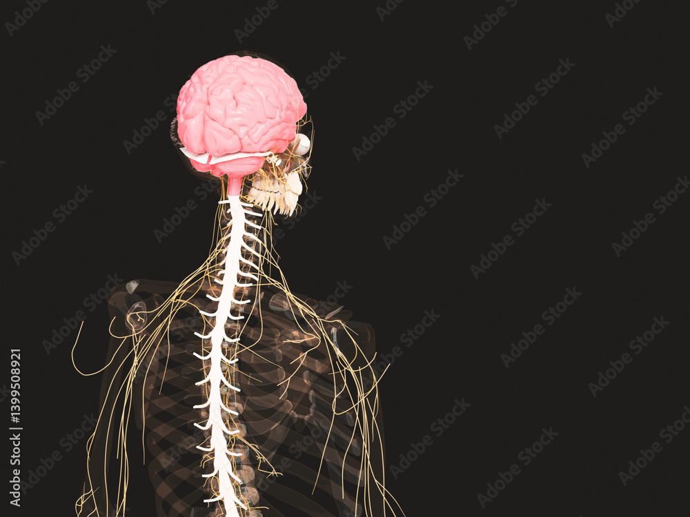 human skull with exposed brain and cranial nerves 3d render Stock ...