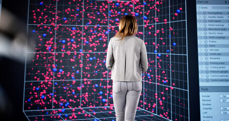Poster - Female Analyst Monitors 3D Building Plan
