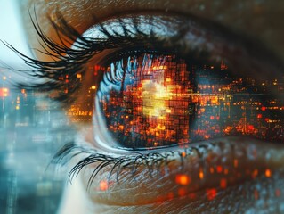 Aufkleber - close-up of eye with digital hologram interface overlay, Close-Up of Human Eye Reflecting Digital Circuitry