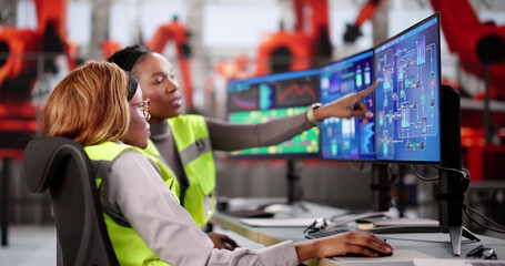 Fototapete - Young Black Woman Explaining Scada System