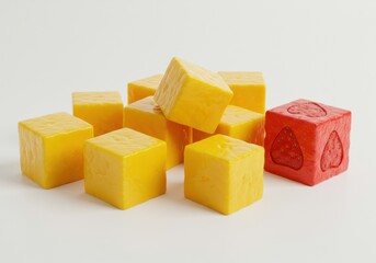 A group of yellow cube shaped objects with one red cube with strawberries on a white surface view